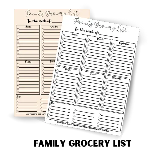 pink white grocery list sheets