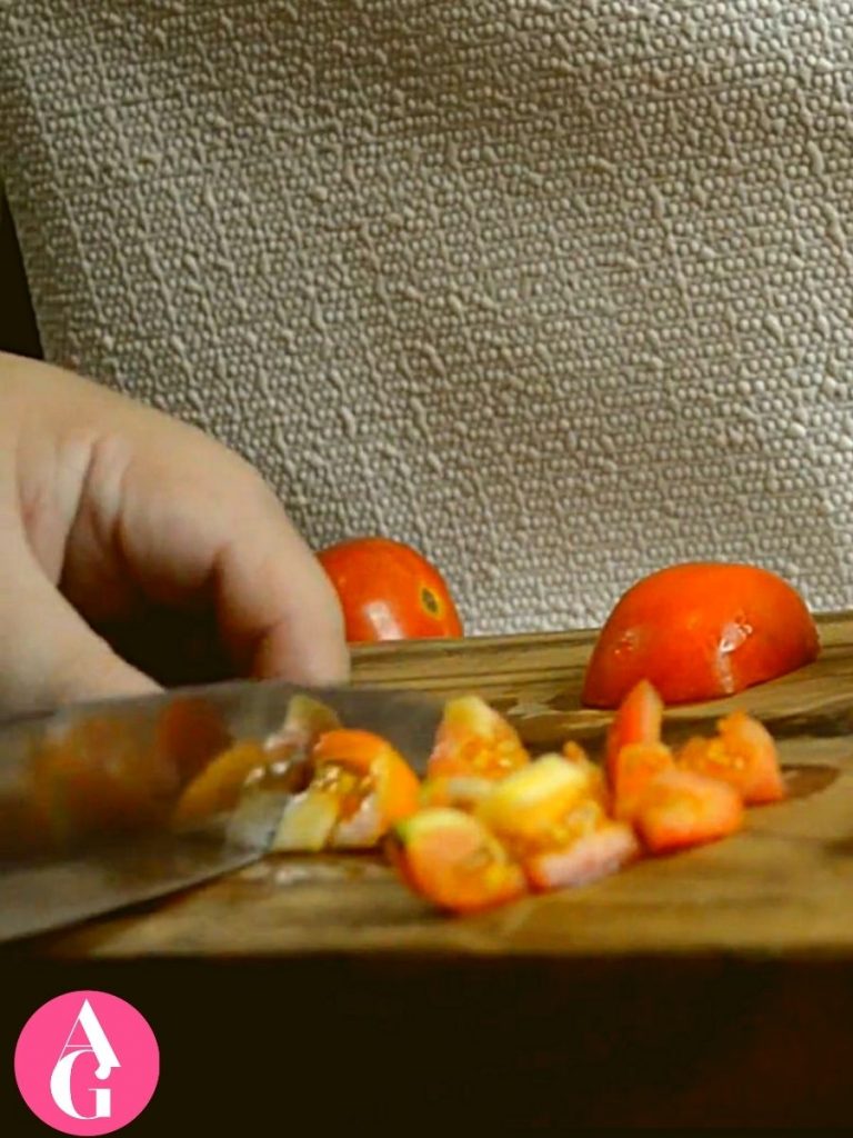 Vegan eggplant tomato salad recipe (Ready in 10 Minutes) 2 CHOPPING FRESH TOMATOES vegan EGGPLANT TOMATO SALAD ALYSSAGERMAINE.COM