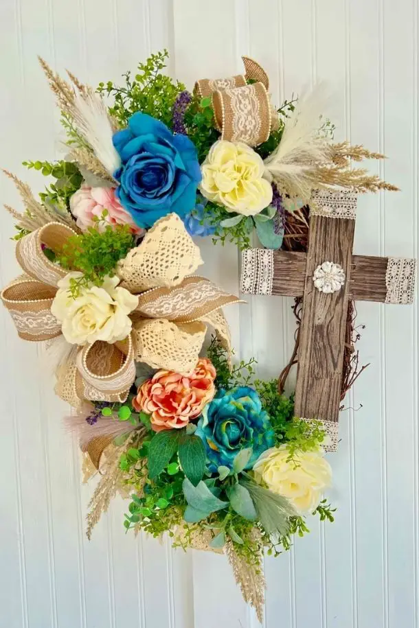 57 Best Pastel Dream Easter Spring Wreaths For Front Door 49 Easter wreath Cross wreath Inspirational wreath Christian wreath Victorian wreath vintage wreath He Has Risen wreath Easter decor cross deco